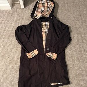 Burberry Black Hooded Rain Coat with Plaid Lining